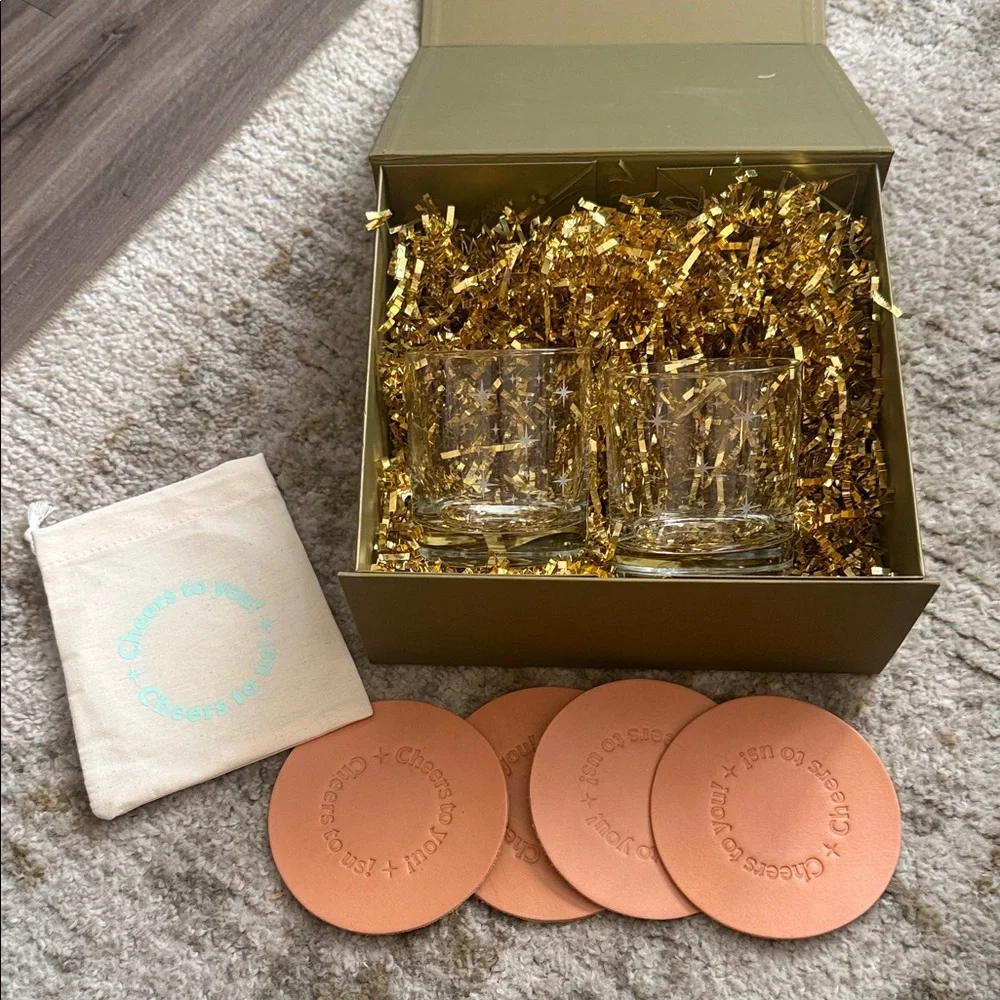 NEW Celebration Gift Box 2 Cocktail Glasses, 4 Leather Coasters & Gold Confetti